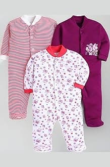 EIO 100% Cotton Baby Rompers Sleepsuits Jumpsuits Night Suits for Newborn Baby Boys & Girls | Soft Infant Bodysuit | Pack of 3 Kids Rompers