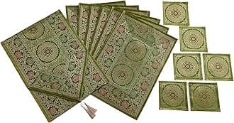 Dining Table Placemats Set of 13 Pieces, Ethnic Brocade Silk with Golden Woven Work- (1 Table Runner, 6 Mats, 6 Coasters) (Olive Green)