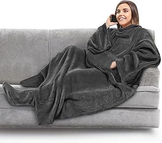 PAVILIA Fleece Blanket with Sleeves, Foot Pockets for Women Men Adults, Plush Wearable Blanket Throw Wrap, Warm Snuggle Blanket Robe, Cozy Gift Ideas Wife Mom, Dark Gray