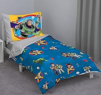 Disney Toy Story - Play Time - Blue, Yellow, Green, Red, Gray 4 Piece Toddler Bed Set with Comforter, Flat Top Sheet, Fitted Bottom Sheet, Standard Size Pillowcase