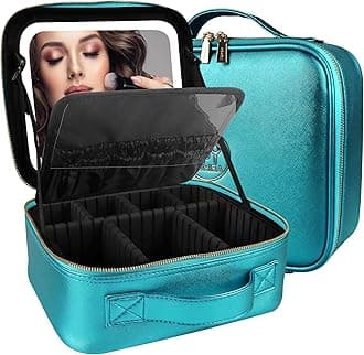 MOMIRA Travel Makeup Bag Cosmetic Bag Makeup Organizer Bag with Lighted Mirror, Adjustable Brightness in 3 Color Scenarios, Waterproof Makeup Train Case, Gift for Women, Z-Brilliant Blue, Small
