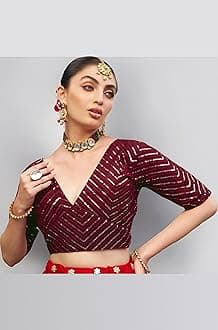 Pujia Mills Womens Fancy Readymade Ethnic wear Half Sleeve Sequins Saree Blouse sabyasachi Blouse for Women Saree and Lehenga Choli Bridal Blouse
