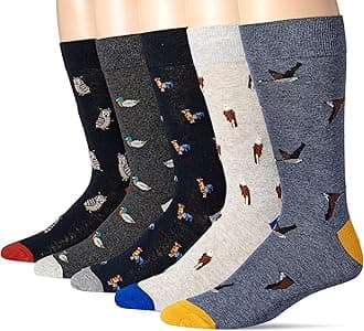 Amazon Essentials Men's Comfortable Patterned Cotton Crew Dress Socks, 5 Pairs