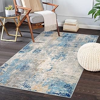 Lahome Modern Abstract Area Rug - 3x5 Washable Bedroom Rug Soft Throw Entry Mat Contemporary Faux Wool Non-Slip Stain Resistant Carpet for Living Room Kitchen Bath Office, Blue/Yellow/Ivory