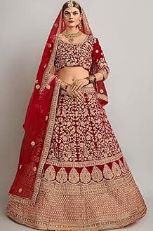 FUSIONIC Women Velvet Lehenga Choli Semi-Stitched Red Free Size