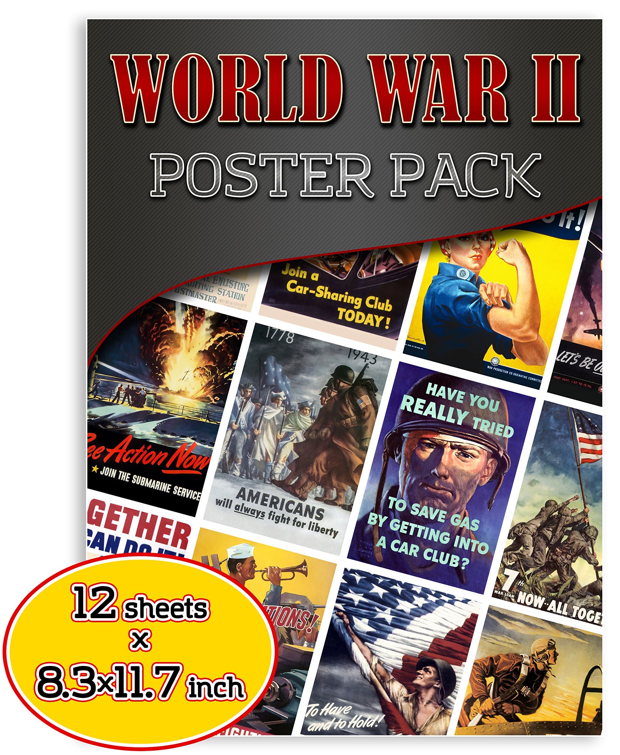 UpCrafts Studio Design - WW2 Poster Pack (12 sheets) - WWII Memorabilia American Propaganda - US Military Prints - War History, veteran gifts, for teacher, kids, army men
