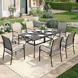 Patio Table and Chairs Set, Patio Dining Set for 6 with Brown Chairs and Metal Rectangular Table for Deck Backyard Lawn Poolside