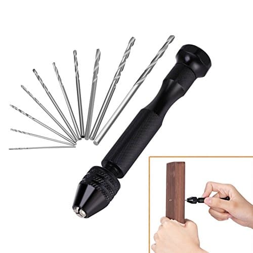 Curious Fish Mini Aluminum Hand Drill with Keyless Chuck and 10 Twist Drills Bits Rotary Tool, High Speed Steel Wood Drilling Set for Electronics Crafts Jewelry Watch Making