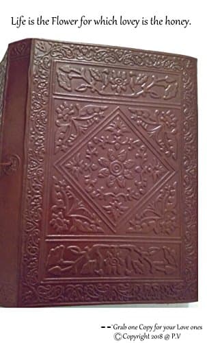 P.V Leather Bound Blank Writing Journal Dairy Notebook Pages Antique Look Flower Of Life Design Travel Book with Blank Unlined Pages 10 Inch A5 Brass Lock Closure.