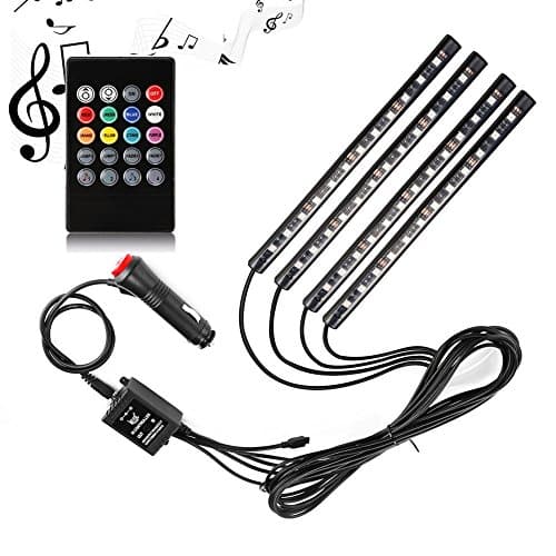 LED Car Interior Strip Lights - SurLight 4pcs 48 LED DC 12V Multicolor Music Car Footwell Lights Interior Atmosphere Neon Lights Under Dash Lighting Kit with Sound Active Function and Wireless Remote Control, Car Charger Included