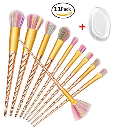 Unicorn Makeup Brush Set with Silicone Makeup Sponge Face Foundation Powder Blender Eyeshadow Cosmetic Brushes Beauty Tools Kits (Golden)