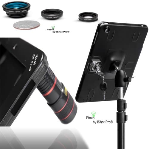 G9 Pro iPad 2 3 4 Tripod Mount Adapter with 4in1 Lens Kit - (1) 8x Zoom Lens / (1) Fish Eye Lens / (1) Wide Angle Lens / (1) Macro Lens (For iPad 2, 3 or 4 Retina) Features Built-in Keyed Security Lock by iShot Pro Mounts - Easily and Safely Mount Your iPad 2 3 or 4 to Any 1/4-20 Standard Camera Tripod, Light Stand or Music Stand You Already Use - Made in the U.S.A - NEW 2014 iPad Camera / Video / iPad Movie Mount Accessories