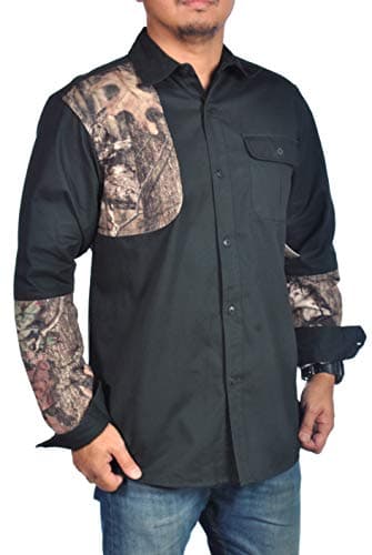 Mens Long Sleeve Black Button Down Shooter Shirt Camo Patch Hunting