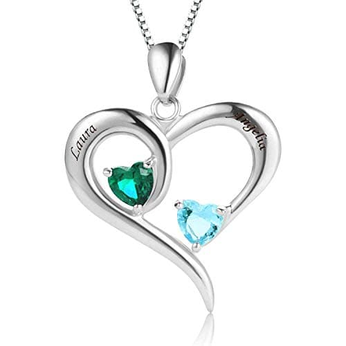 Sterling Silver Personalized 2 Names Necklace with 2 Heart Simulated Birthstone Couple Personalized Meaningful Pendant Necklace for Women