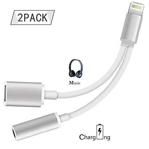 2 in 1 Lightning Adapter for iPhone 7, QXPLAZA 2 Pack iPhone Splitter, 2-Port Lightning Headphone Audio and Charge Adapter for iPhone 7/7 Plus and more (Silver)