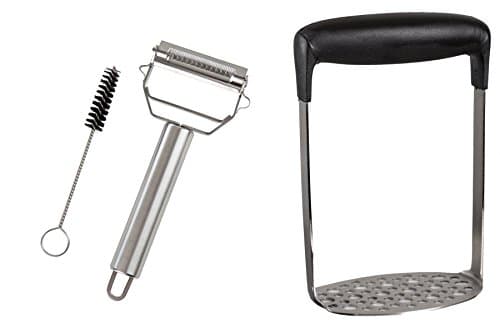 Kitchen Winners Easy Grip Potato Masher and Ultra Sharp Stainless Steel Dual Julienne & Vegetable Peeler with Cleaning Brush