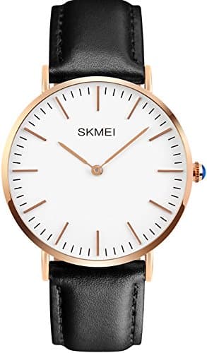 Mens Ultra-thin Big Dial Black Leather Strap Analog Display Quartz Waterproof Watches