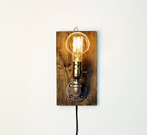Industrial Steampunk wall sconce pipe lamp with Globe Edison bulb and Weathered wood base