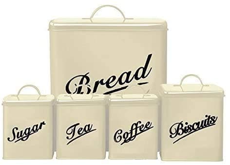 5 Piece Kitchen Storage Canister Set Bread Bin Biscuit Sugar Tea Coffee Cream Vintage Retro Jars Food Storage