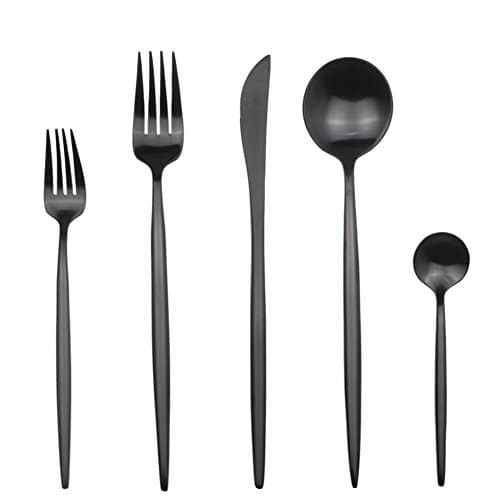 JANKNG Customized 5-Piece 18/10 Stainless Steel Flatware Set, Serive for 1, With Fork Spoons Knife Teaspoon Dessert Fork for Home Kitchen Restaurant Hotel (Luxury Black)