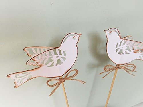 Two wedding cake topper lace birds in rustic aged white, dove wedding decoration