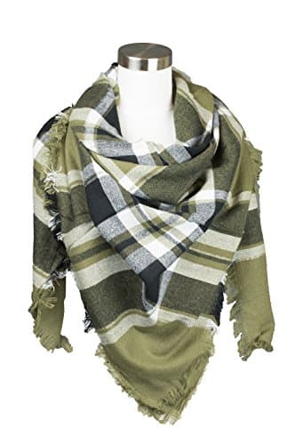 Womens Blanket Square Scarf in Multi-color Plaid Pattern Design (Olive)