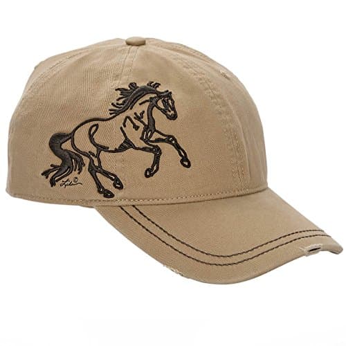 Distressed Tan and Brown Hat with Embroidered 3 D Galloping Horse