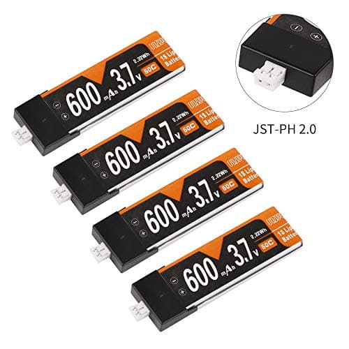 Makerstack 4pcs 600mAh 1S lipo 3.7V 50C LiPo Battery Rechargeable with JST-PH 2.0 PowerWhoop mCPX Connector for Inductrix FPV Plus Tiny Whoop FPV Racing Drone
