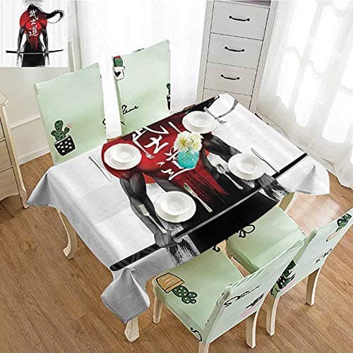 EDZEL Thickened Tablecloth, Kitchen Dinning Tabletop Decoration, Samurai Warrior Figure on Sunburst Background Ronin Japan Indigenous War Theme, 50"x80", Red Black White