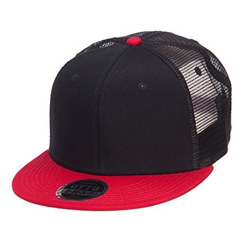 Mesh Premium Snapback Flat Bill Cap - Red Black OSFM