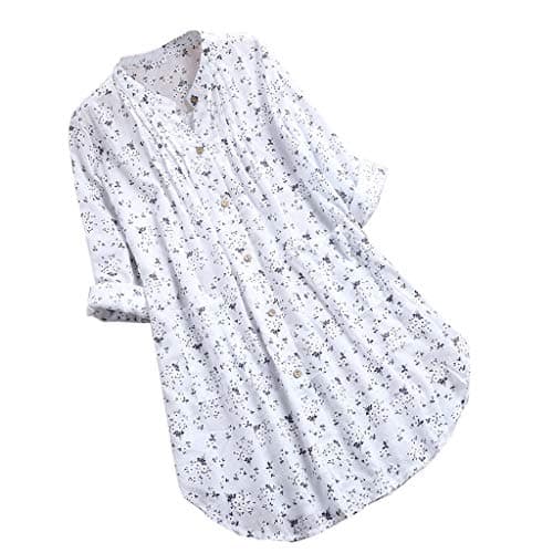 Funic Spring Womens Plus Size Peasant Blouse V-Neck Pleated Floral Print Long Sleeve Casual Tops T-Shirt