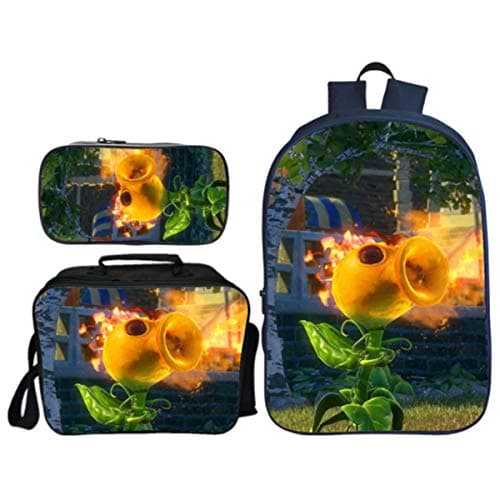 Backpack 3 Piece Set Plants Vs Zombies Print School Book Bag Unisex Hiking Bag Satchel Rucksack 7-12 Year Old B-422916CM