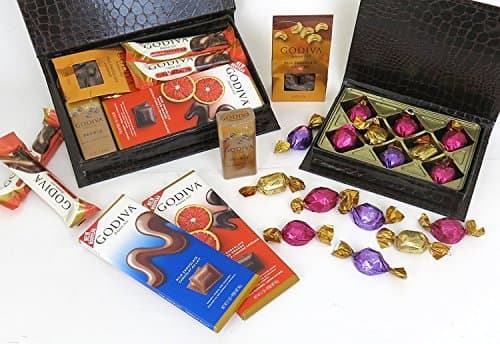 Easter Basket alternative chocolate gift, two Large Journal, Milk and Salted Caramel Bars, Two Godiva Truffle Bars, Milk Chocolate Cashews, Milk Chocolate Pearls, Small Filled with Chocolate Truffles