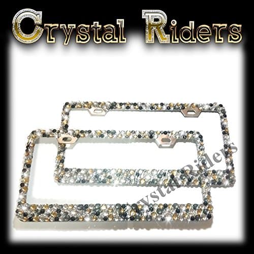 2 Bling License Plate Frames with BLACK AND GOLD Small Crystal Mix Ab Iridescen MADE IN US Clear Metal Chrome Zink Alloy Holder Sparkly Sparkle Custom Hand Made Hand Crafted