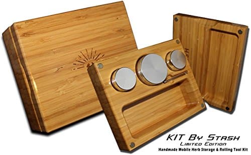 KIT by Stash - Compact, Mobile, Strong All-in-One Bamboo Smoking Kit - #1 Best 2 inch 4-Layer Herb/Spice Grinder, 2 Storage Containers & Dabber All Included. Roll & Enjoy Life Anywhere