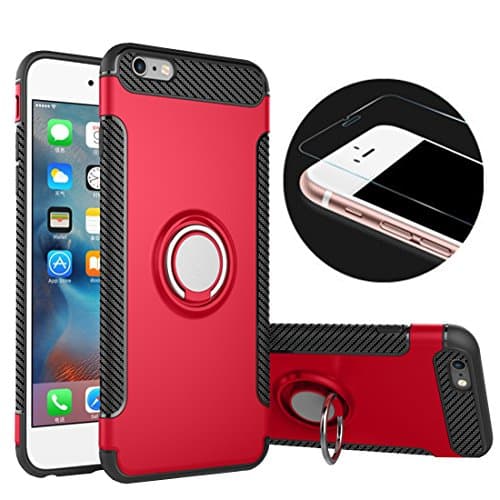 iPhone 6 Plus Phone Case & Tempered Glass Screen Protector,RP Ben Multi-function Car Holder Stand Magnetic Suction Bracket Finger Ring TPU + PC Cover Case for Apple iPhone 6 Plus/6S Plus(Red)