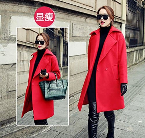 Ulike2 Women's Winter Slim Thin Red Wool Coat Lapel Woolen Windbreaker Jacket Outerwear (M)
