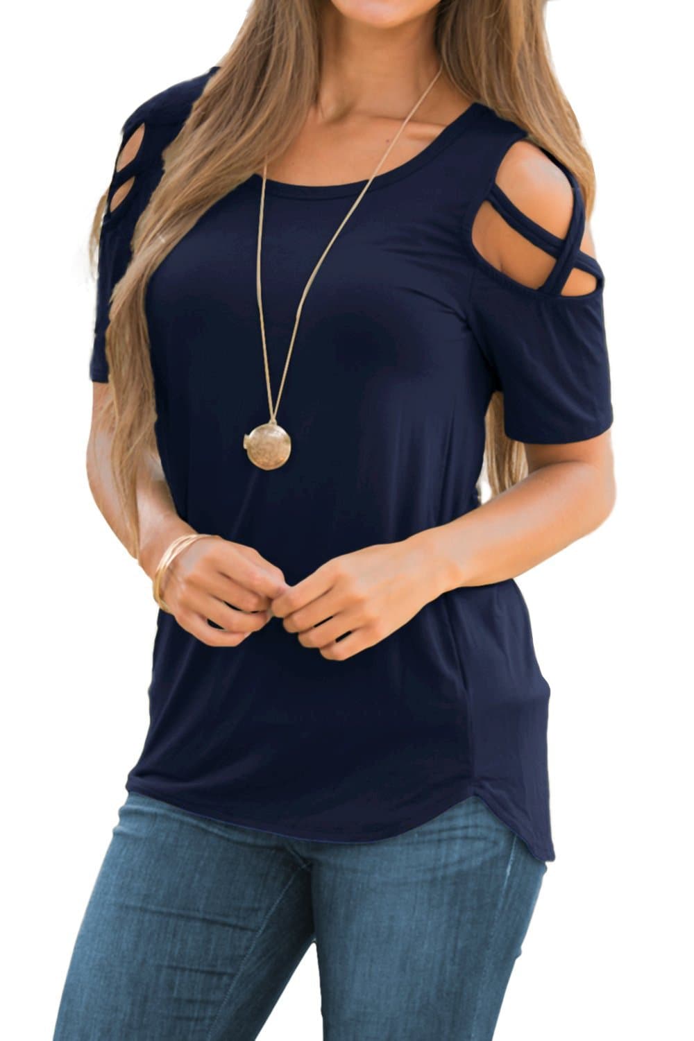 Womens Loose Strappy Cold Shoulder Tops Basic T Shirts