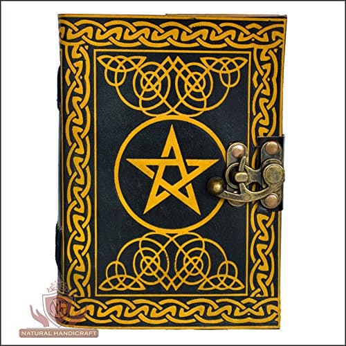 Handmade Leather Journal Pentagram Embossed Pentacle Wicca Pagan Notebook Personal Organizer Diary Office Supplies Daily Planner 5(L) x 7(H) Inches (Small 5(L) x 7(H) Inches, Yellow & Black, 1)