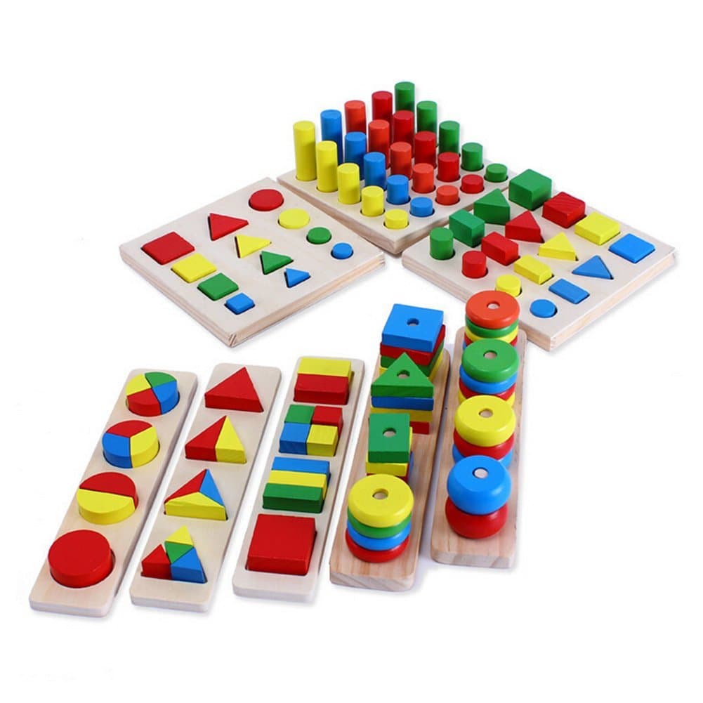 hibote 8 Pcs Assorted Geometric Shape Sorter Puzzle Board Building Block Toy Wooden Teaching Toy for Early Educational Training