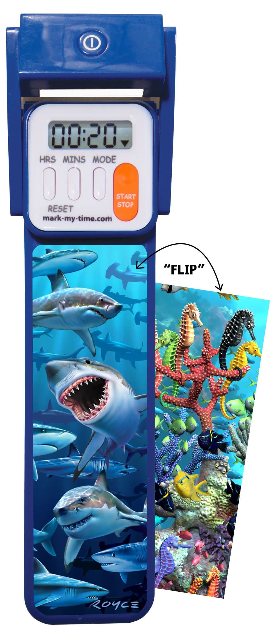 Mark-My-TimeDigital Bookmark and LED Book Light - Timer and Bookmark for Kids with LED Book Light, Cool Bookmarks and Reading Incentives, Christmas Gift & Stocking Stuffer - 3D Flip Shark/Reef