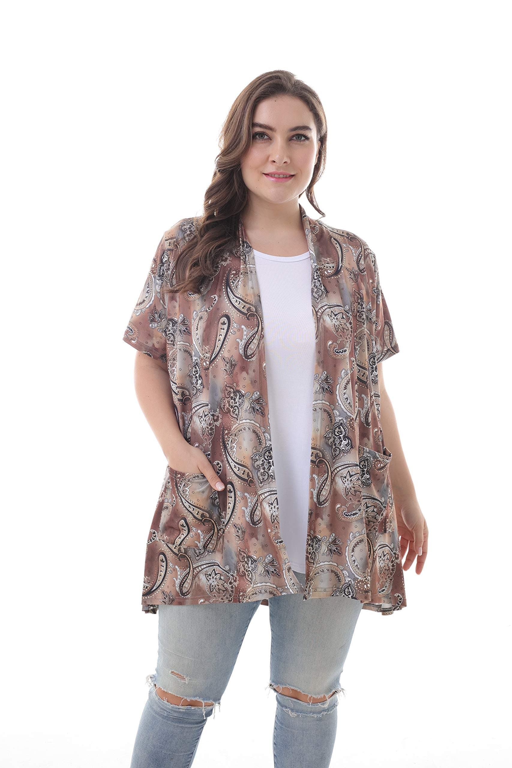 ZERDOCEAN Women's Plus Size Cardigan Lightweight Soft Printed Blouse with Pockets Short Sleeve 3/4 Sleeve.