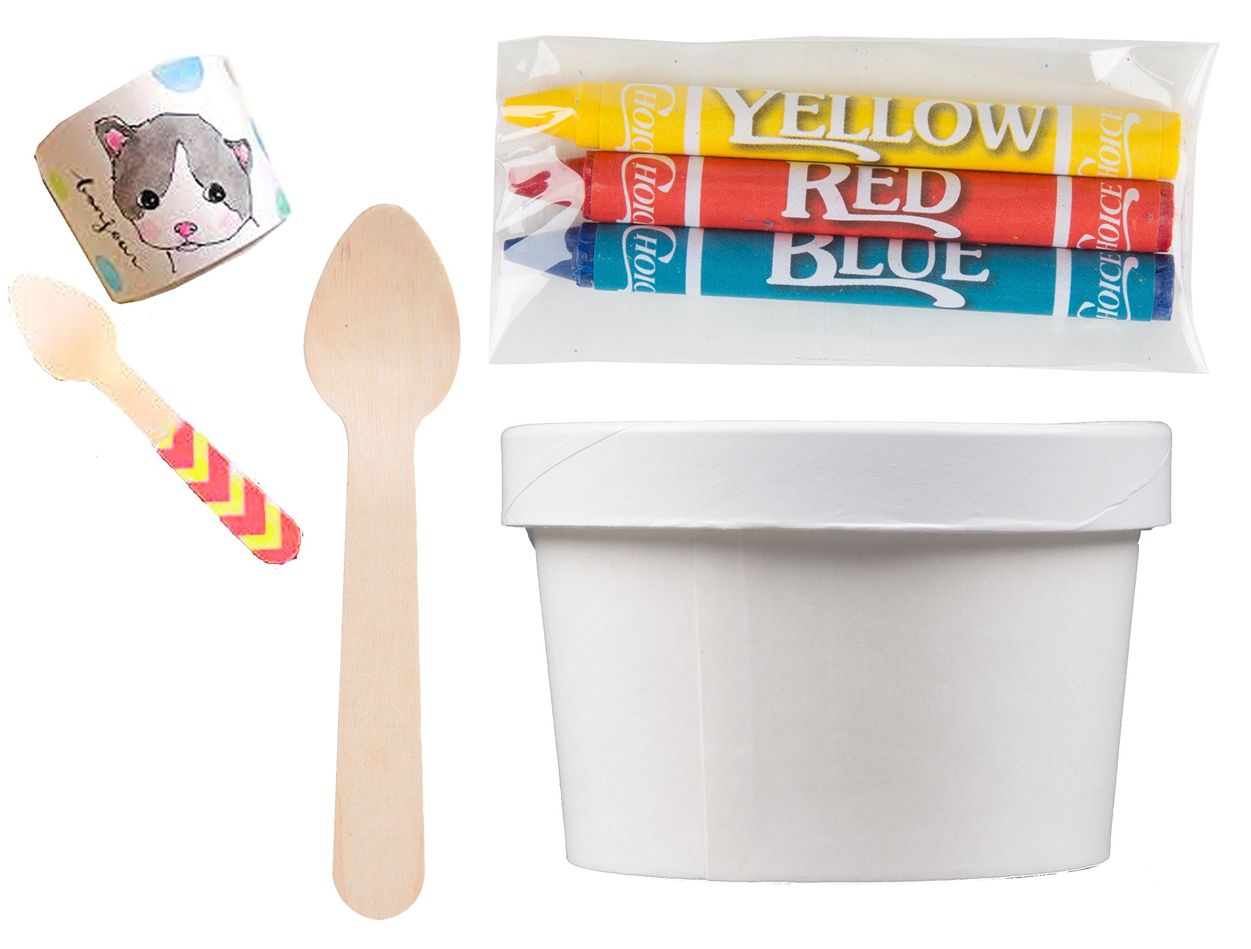Party Ice Cream Container 25 pack, Coloring Cups + Crayons Lids & tasting wooden Spoons Kit decorating set