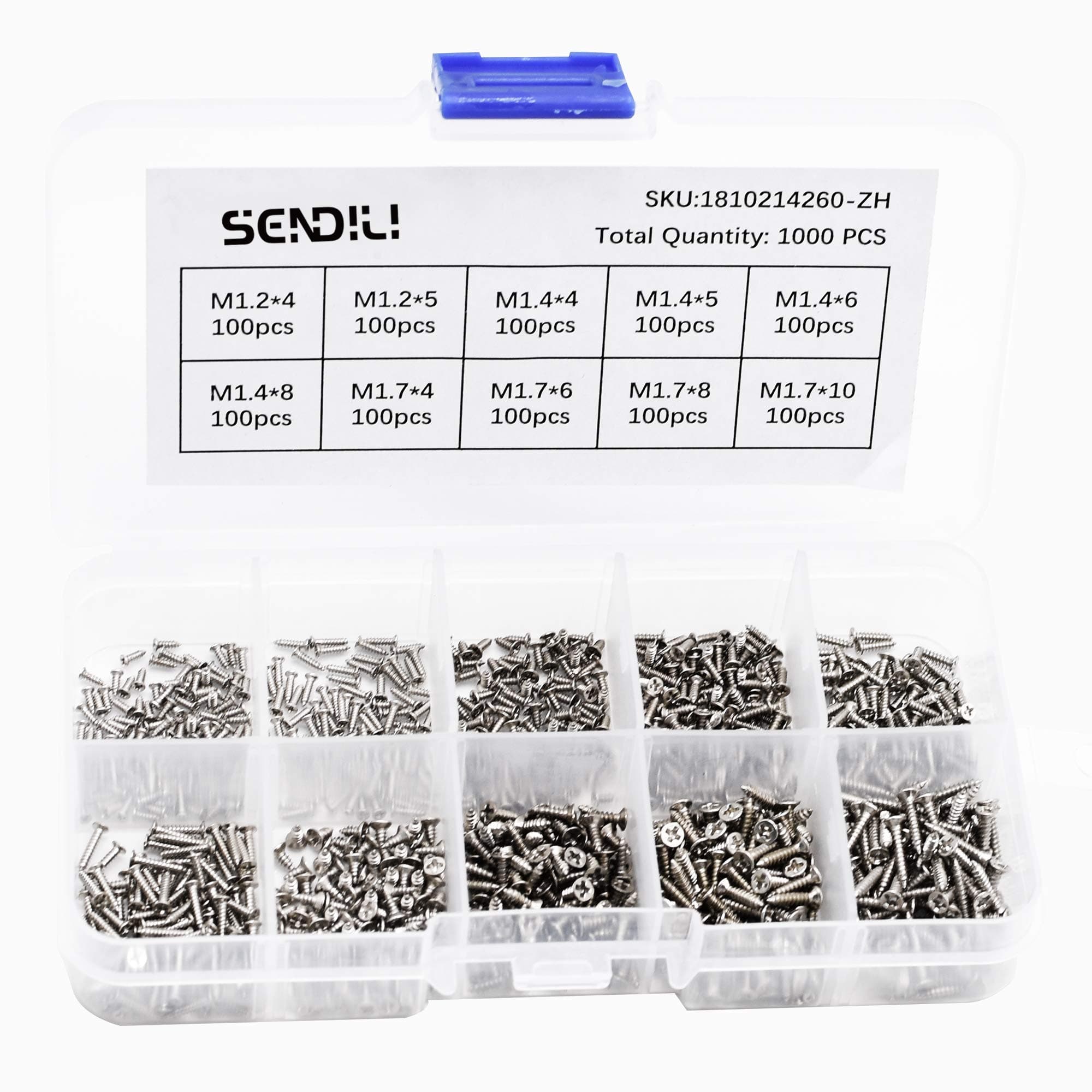SENDILI Self Tapping Screws Assortment - M1.2 M1.4 M1.7 Electronic Wood Screws Set Cross Recessed Countersunk Head Tapping Screws, Style A (1000pcs)