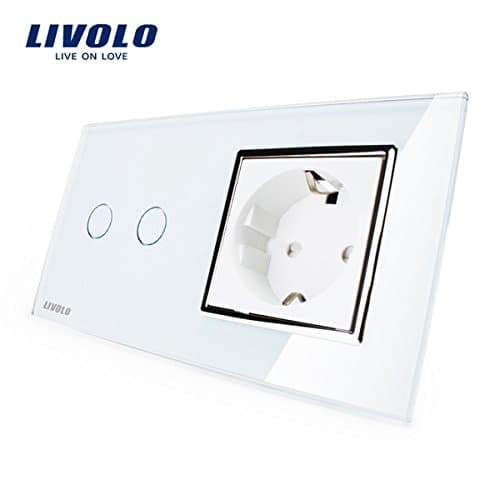 Livolo White Glass Touch Switch With EU Wall Socket VL-C702-11/VL-C7C1EU-11
