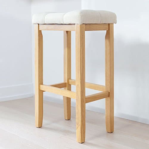Wood Kitchen Pub-Height Barstool - Backless Upholstered Saddle Seat, 29 Inch - Beige Tuft Cushion and Natural Oak Finish - for Bar or Counter