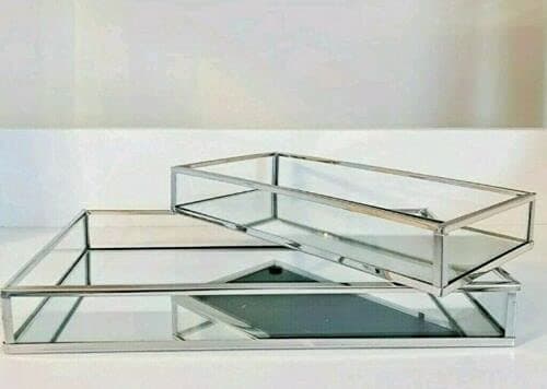 Set of 2 Rectangle Silver Mirrored Trays Vanity Perfume Makeup Candle Tray Plate