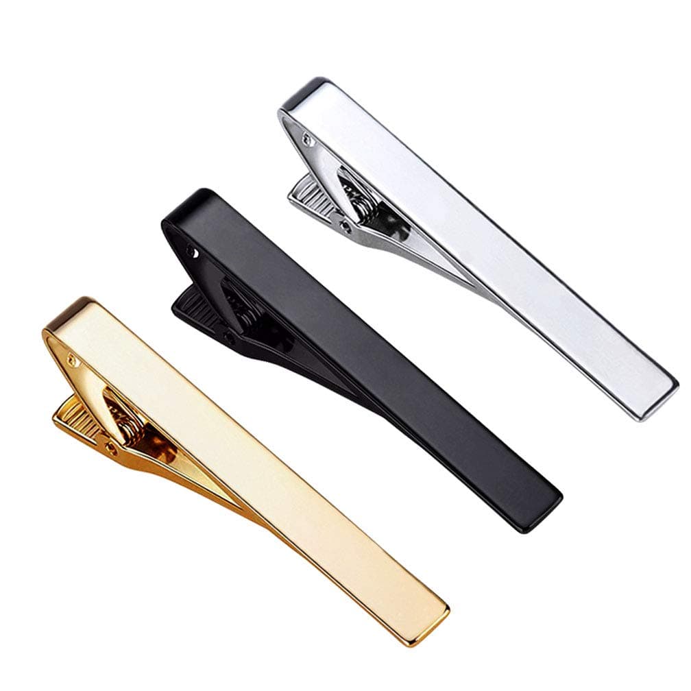 3 Pack Tie Clips for Men Long Styles Tie Bar Clip Set Square Edges Tie Tack Pins Silver Gold Black Necktie Bar Necktie Wedding Business Clips