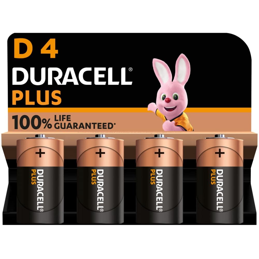 Plus D Batteries (4 Pack) - Alkaline 1.5V - 100% Life Guaranteed - Reliability For Everyday Devices - 0% Plastic Packaging - 10 Year Storage - LR20 MN1300