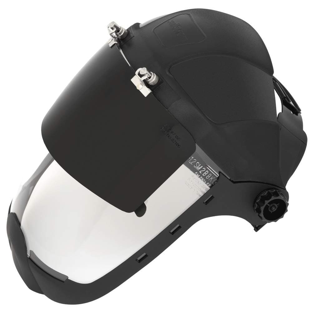Sellstrom Plasma/Flame Cutting, Grinding Safety Face Shield with Extended Chin Guard and Ratchet Headgear, Clear Anti-Fog Polycarbonate Window with Shade 6 UV/IR Flip Front Visor, Black, S32261